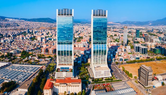 Izmir, Turkey - August 07, 2022: Folkart Towers aerial panoramic view in Bayrakli. Bayrakli is a modern business district of Izmir city in Turkey.